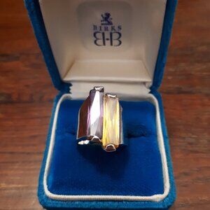 Ring - Contemporary with purple and yellow rectangular stones set in silvertone